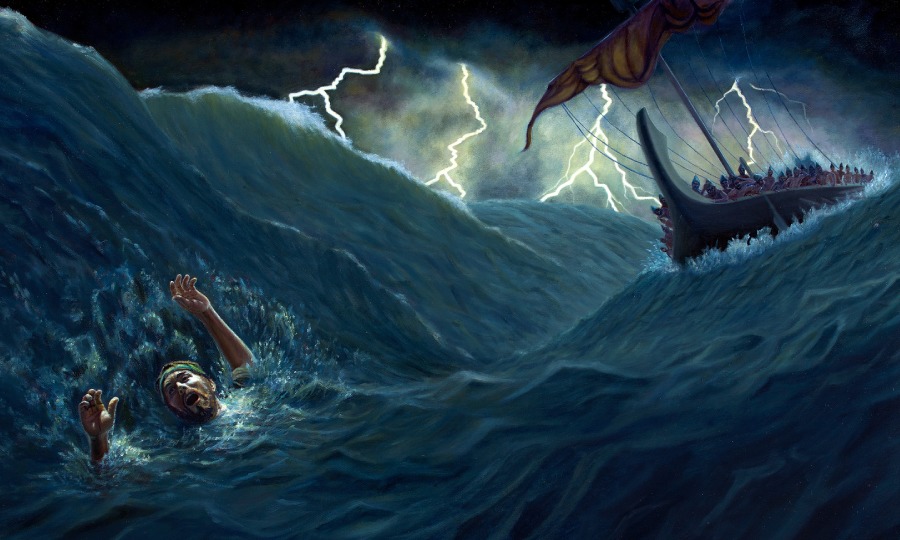 Jonah tossed overboard during terrible storm